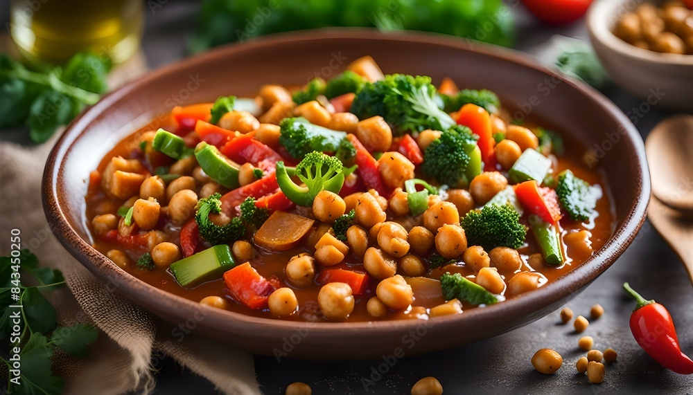 Homemade spicy vegetarian stew with chickpeas and vegetables on plate close up - healthy vegetarian food
Homemade spicy vegetarian stew with chickpeas and vegetables on plate close up - healthy vegetarian food