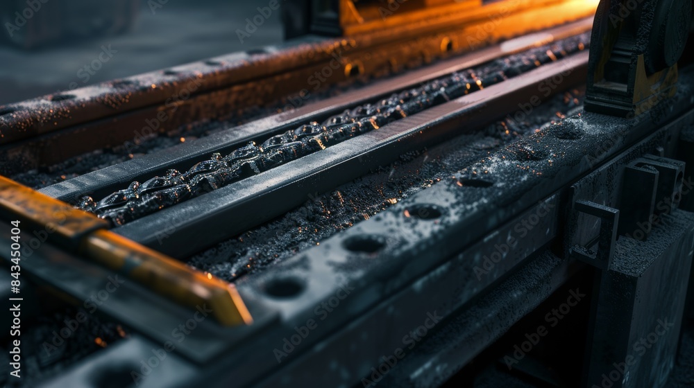 This image showcases a detailed view of industrial machinery in use, highlighting metal surfaces, intricate mechanical components, and potential manufacturing processes. This image showcases a detailed view of industrial machinery in use, highlighting metal surfaces, intricate mechanical components, and potential manufacturing processes.