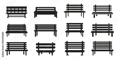 Bench icons set in flat style. Comfortable rest vector illustration on isolated background. Park chair sign business concept.