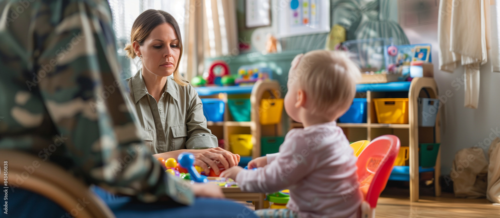 a close-up image of a woman veteran receiving support from a counselor, with her child playing with toys in a well-equipped child care facility nearby, women veterans, Support, dev