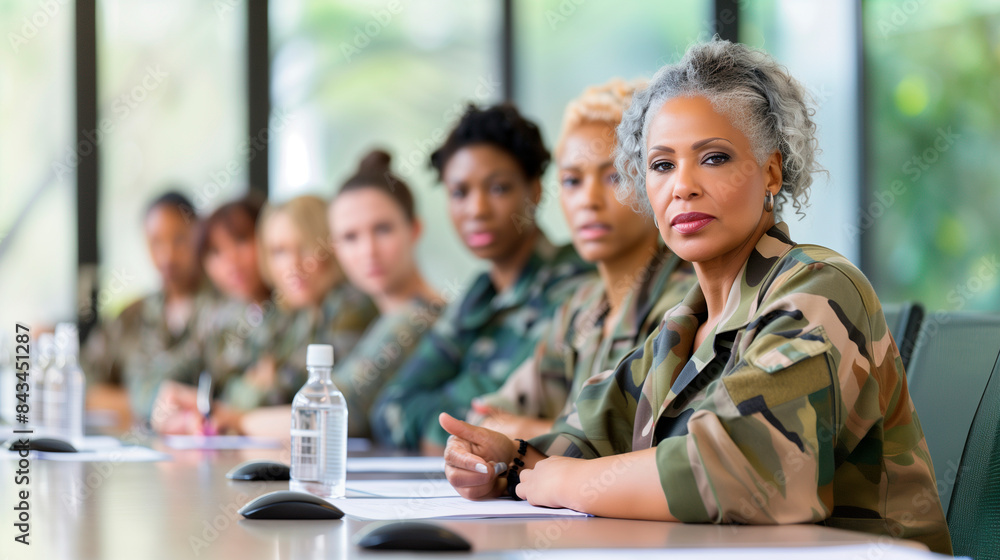 Fototapeta premium a of a group of women veterans attending a support group meeting, discussing their unique experiences and needs, women veterans, Support, developing programs, differ