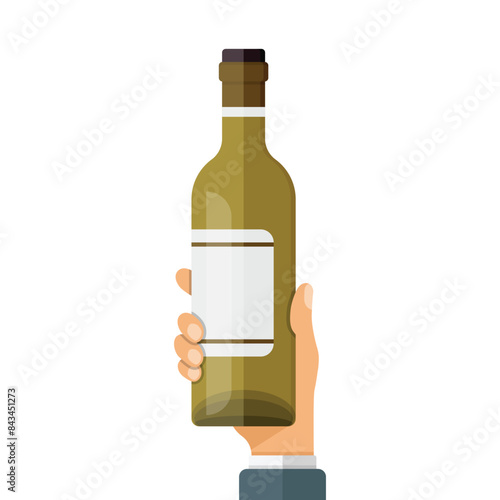 Hand holding wine bottle icon in flat style. Alcohol drink vector illustration on isolated background. Champagne beverage sign business concept.