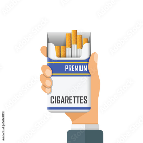 Hand holding packet of cigarettes icon in flat style. Smoking vector illustration on isolated background. Tobacco box sign business concept.