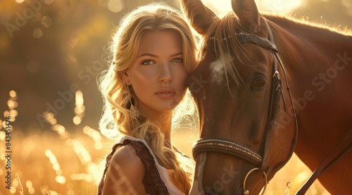 A serene woman with long blonde hair is closely posing with a brown horse © kardaska