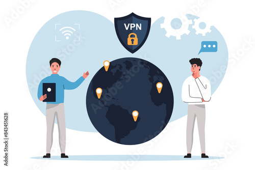 Vpn technology system. Characters connect to secure VPN points. VPN connection concept. Internet connection flat illustration vector.