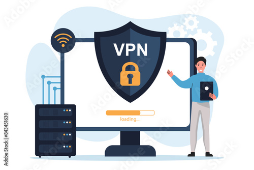 Vpn technology system. Characters connect to secure VPN points. VPN connection concept. Internet connection flat illustration vector.