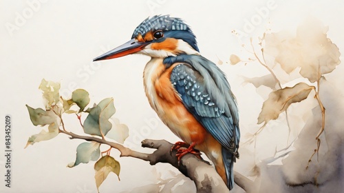 watercolor painting of illustration kingfisher bir sit on branch with empty space photo