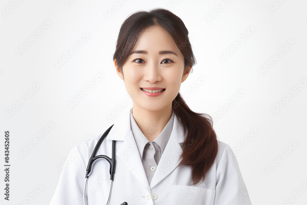 Smiling asian woman doctor on white background. Woman doctor. World of Medicine. Personal care profession. Medical studies. European doctor. Asia. Asian doctor. China. Japan. AI. Smiling asian woman doctor on white background. Woman doctor. World of Medicine. Personal care profession. Medical studies. European doctor. Asia. Asian doctor. China. Japan. AI.