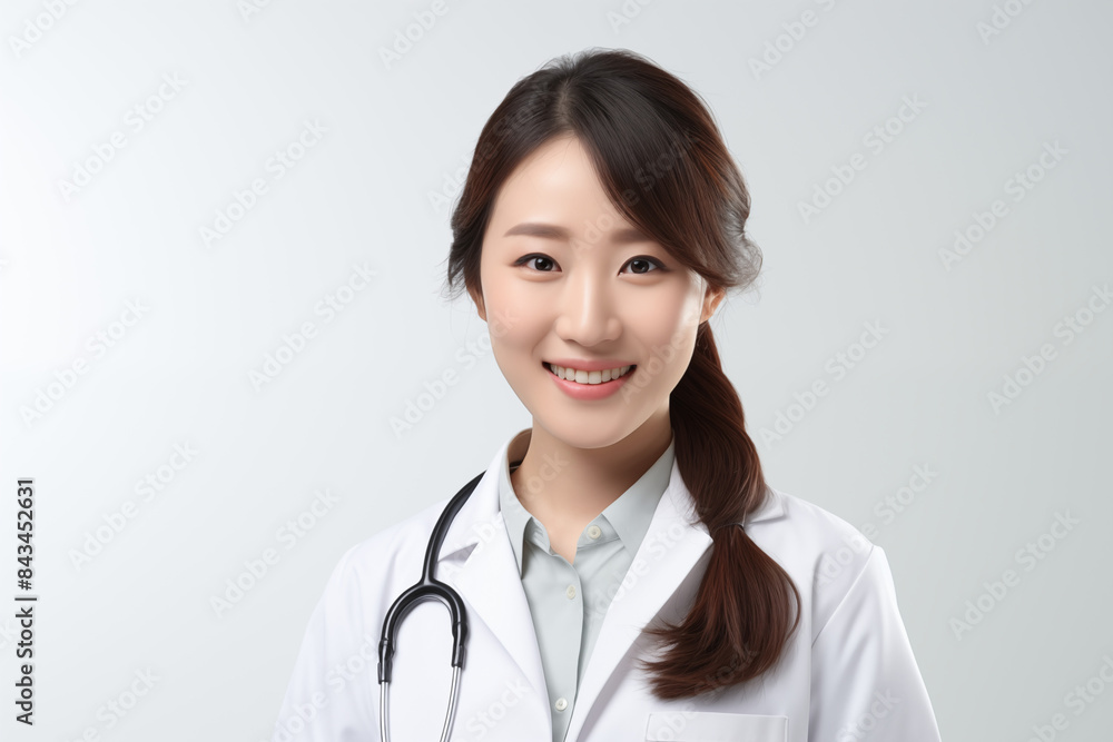 Smiling asian woman doctor on white background. Woman doctor. World of Medicine. Personal care profession. Medical studies. European doctor. Asia. Asian doctor. China. Japan. AI. Smiling asian woman doctor on white background. Woman doctor. World of Medicine. Personal care profession. Medical studies. European doctor. Asia. Asian doctor. China. Japan. AI.