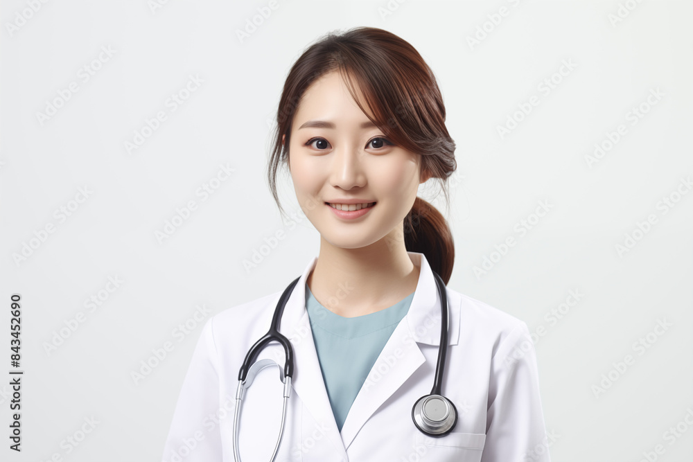 Smiling asian woman doctor on white background. Woman doctor. World of Medicine. Personal care profession. Medical studies. European doctor. Asia. Asian doctor. China. Japan. AI. Smiling asian woman doctor on white background. Woman doctor. World of Medicine. Personal care profession. Medical studies. European doctor. Asia. Asian doctor. China. Japan. AI.