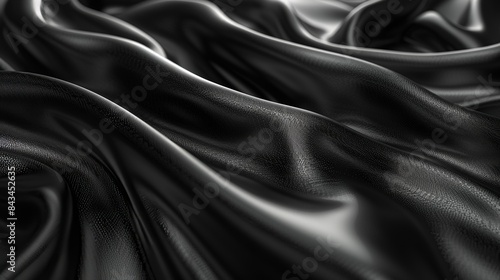 The black gray satin dark fabric texture is luxurious shiny and is abstract silk cloth panorama background with beautiful patterns and soft waves.