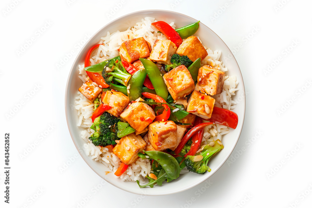 Tofu stir-fry with vegetables and rice in a white bowl Tofu stir-fry with vegetables and rice in a white bowl
