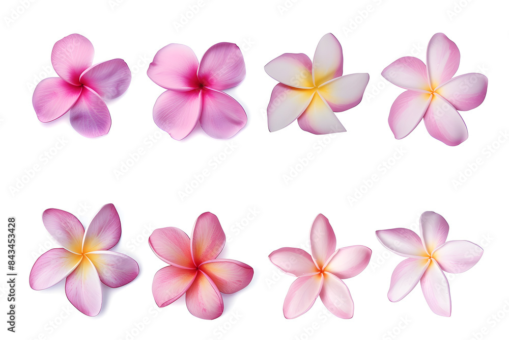Obraz premium Collection of pink plumeria flowers isolated on white background