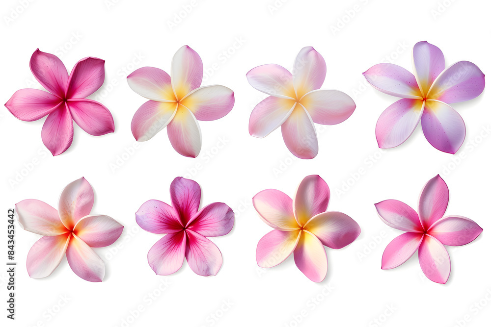 Obraz premium Collection of pink plumeria flowers isolated on white background