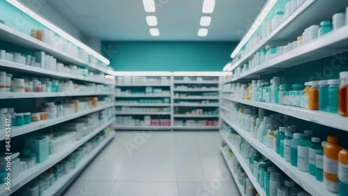 Pharmacy shelves with medicine in the blurry background