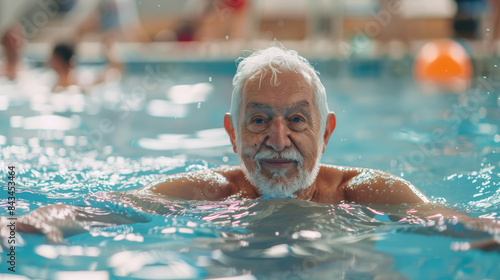 Active old man enjoying aqua gym class in a pool. © paulmalaianu