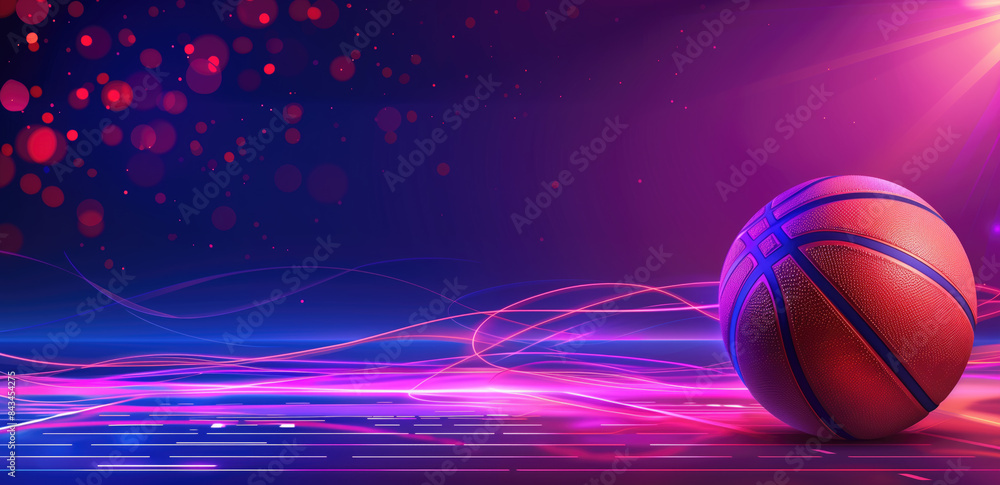 Dynamic image of basketball on court with abstract neon lights. Perfect for sports, action, and dynamic visual themes. Dynamic image of basketball on court with abstract neon lights. Perfect for sports, action, and dynamic visual themes.