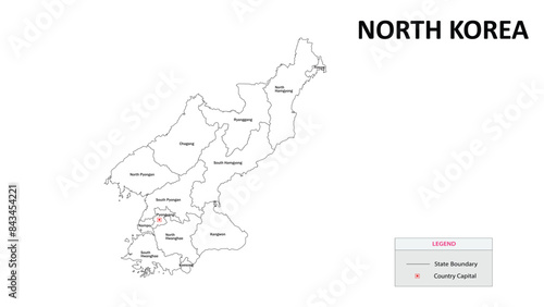 North Korea Map. State and district map of North Korea. Administrative map of North Korea with states and boundaries in white color.