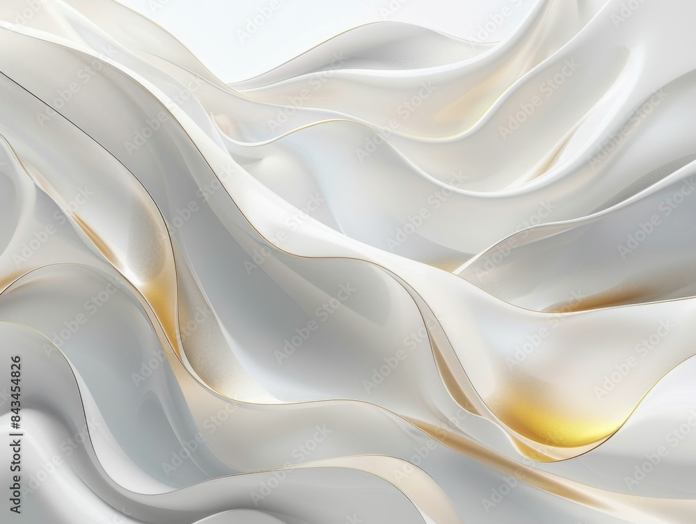 Obraz premium Flowing, white and gold translucent fabric-like shapes create an elegant, abstract design with soft curves, shimmering accents, and smooth layers, exuding a sense of fluidity and lightness.