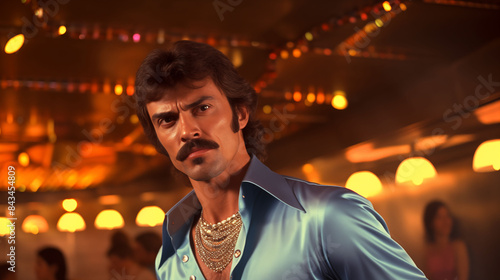 A 1970s male model wearing bell-bottom jeans and a wide-collar shirt, standing in a disco club