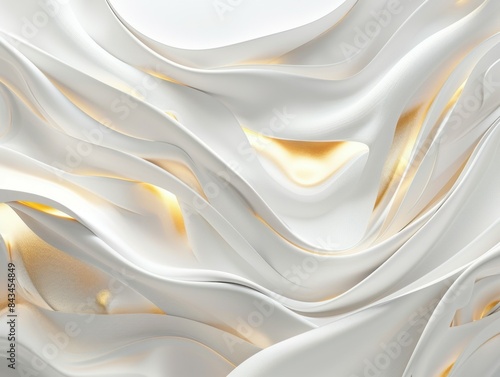 Flowing, white and gold translucent fabric-like shapes create an elegant, abstract design with soft curves, shimmering accents, and smooth layers, evoking a sense of movement and lightness.