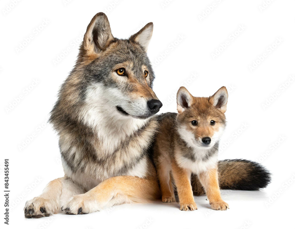 Fototapeta premium Wolf mit baby isoliert auf weißen Hintergrund, Freisteller 