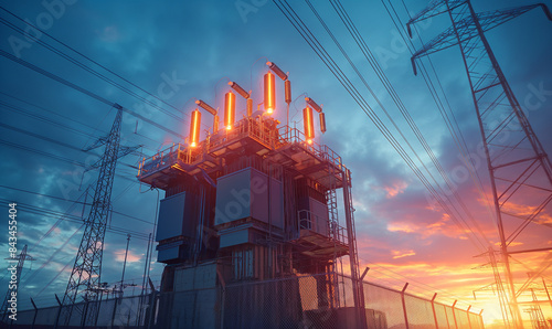 High voltage power lines, high voltage power transmission tower. The three-phase radiator-cooled transformer is equipped with a forced air cooling fan. photo