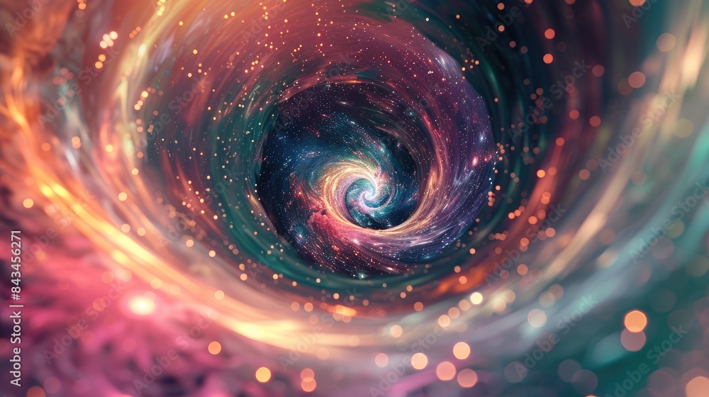 Mesmerizing blend of swirling cosmic hues creating a dreamlike ambiance, with space for text on the left side Mesmerizing blend of swirling cosmic hues creating a dreamlike ambiance, with space for text on the left side