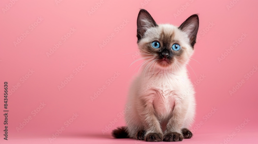 A cute Siamese kitten sitting on a solid pastel pink background with space above for text A cute Siamese kitten sitting on a solid pastel pink background with space above for text