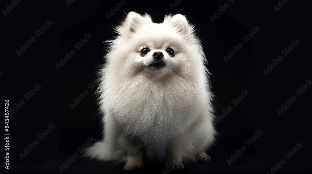 Obraz premium Cinematic shot of adorable, perfect, shiny, combed, fluffy white Spitz, happy, excited Pomeranian Spitz on black background