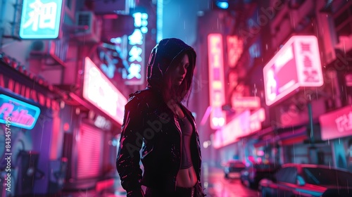 Character in Dystopian Neon City with Futuristic Fashion and Robotic Enhancements