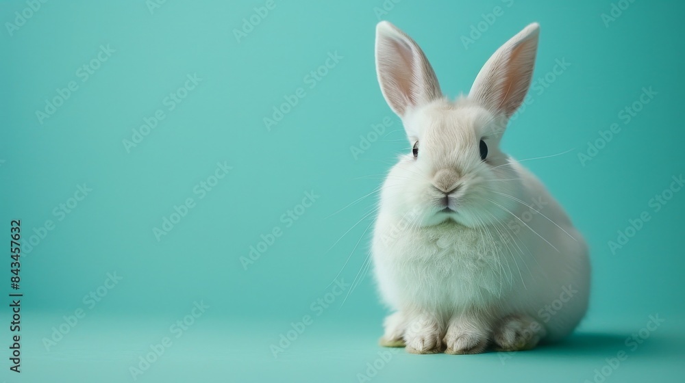 Obraz premium A fluffy white rabbit sitting on a solid green background with space above for text