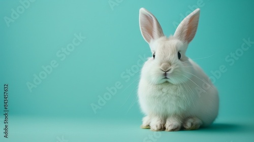 A fluffy white rabbit sitting on a solid green background with space above for text © CHAKKAPONG