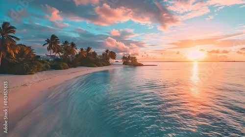 Tranquil Tropical Beach with Vibrant Sunset Backdrop