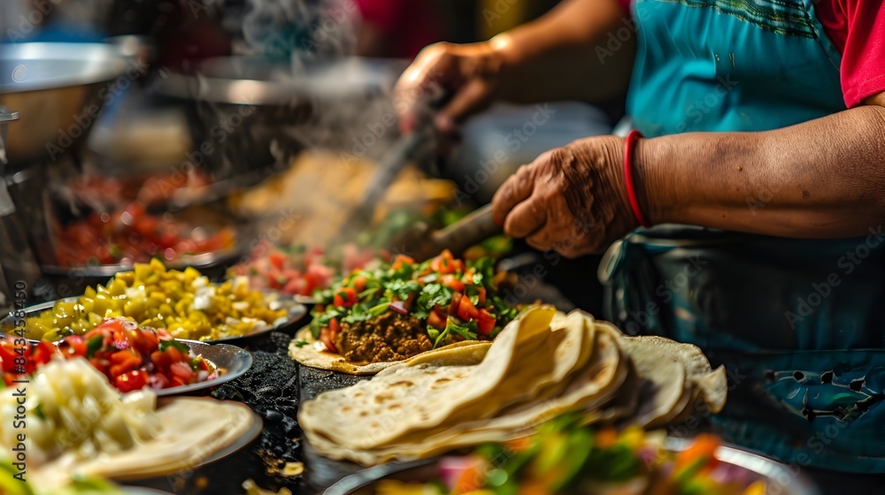 Close-up of Street Vendor's Hands Preparing Vibrant and Traditional Mexican Tacos