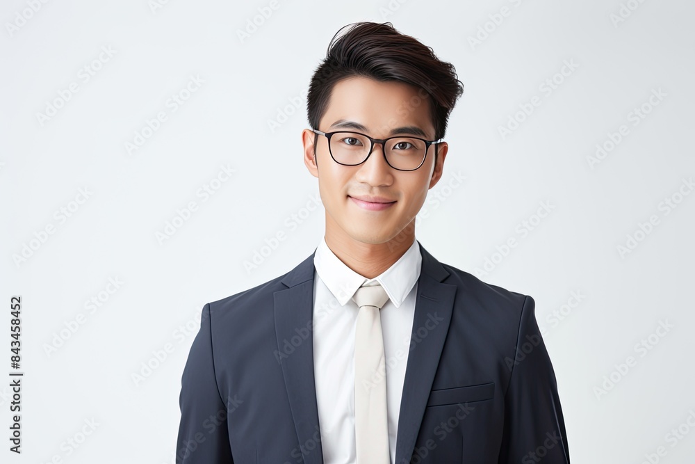 Asian man, company worker in glasses, smiling, standing over white background Asian man, company worker in glasses, smiling, standing over white background