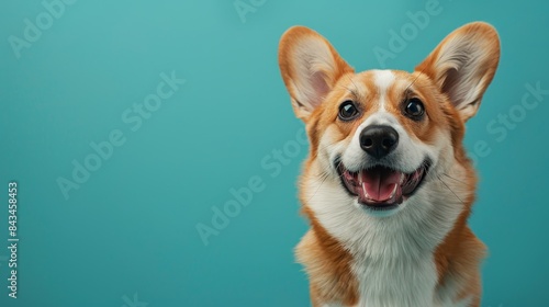 A happy Corgi puppy on a solid turquoise background with space above for text