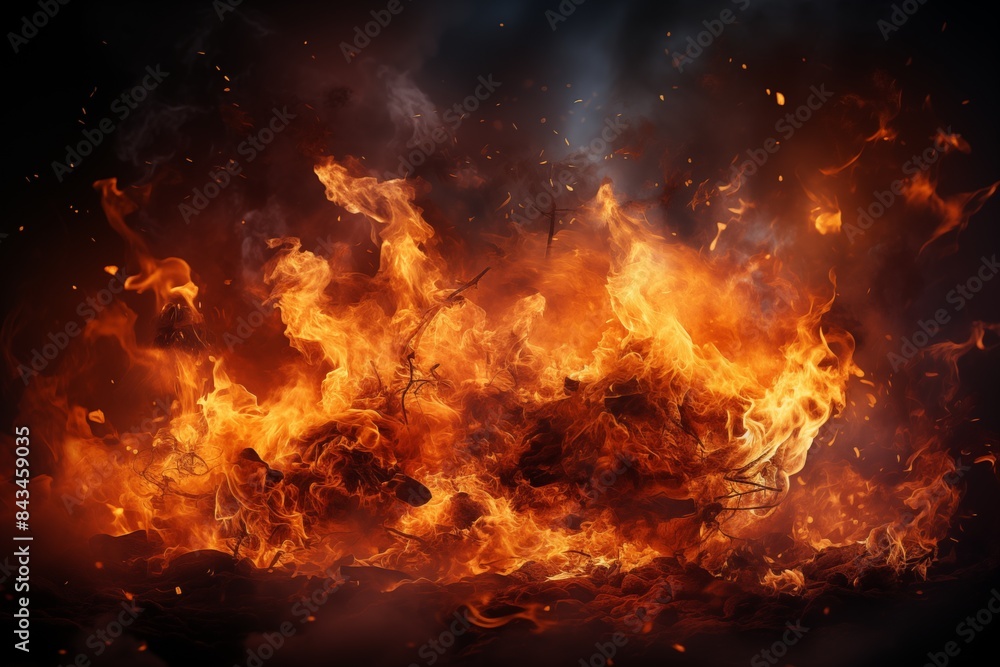Vivid flames engulfing wood. Vivid flames engulfing wood.