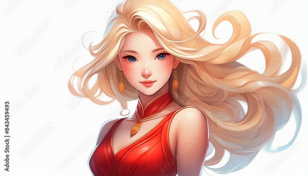 portrait of a blonde woman wearing a red dress on a white background, cartoon style portrait of a blonde woman wearing a red dress on a white background, cartoon style