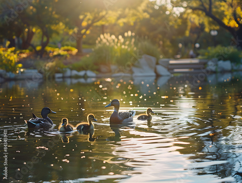 Majestic ducks swimming gracefully in a tranquil pond, surrounded by lush greenery and still waters.