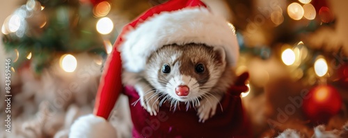 Cute ferret wearing a Santa hat, surrounded by festive holiday lights and decorations, perfect for Christmas-themed stock photo.