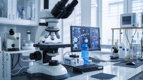 Fertility clinic lab equipment theme side view showing medical precision technology tone complementary color scheme