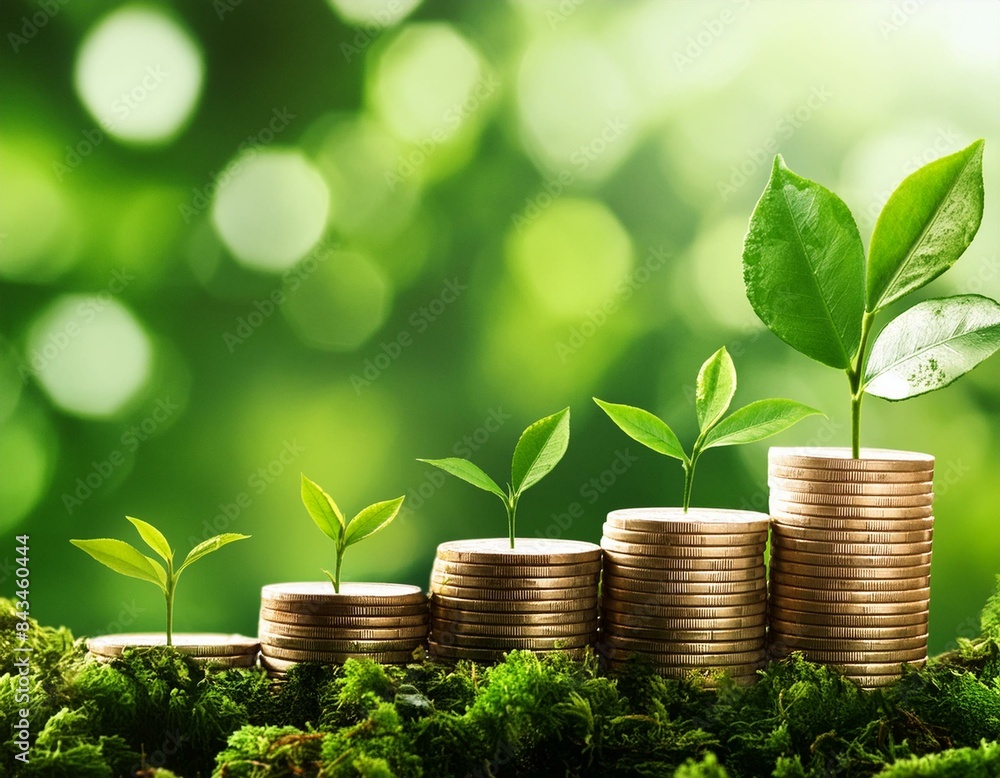 A seedling growing on a pile of coins has a natural backdrop, blurry green, money management, and economic growth A seedling growing on a pile of coins has a natural backdrop, blurry green, money management, and economic growth