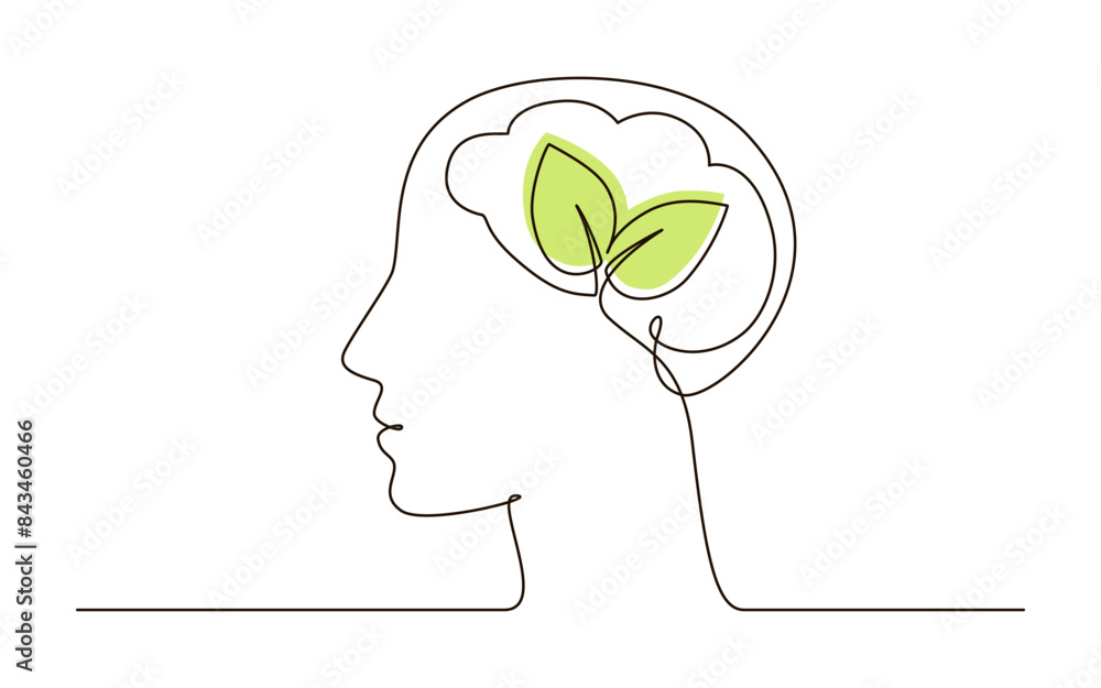 Head with brain and leaves continuous one line symbol drawing. Mental ...