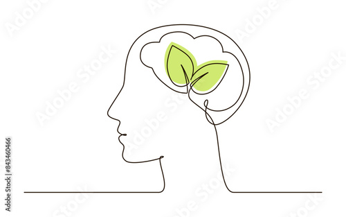 Head with brain and leaves continuous one line symbol drawing. Mental health, self care concept icon in linear style. Continuous line vector illustration