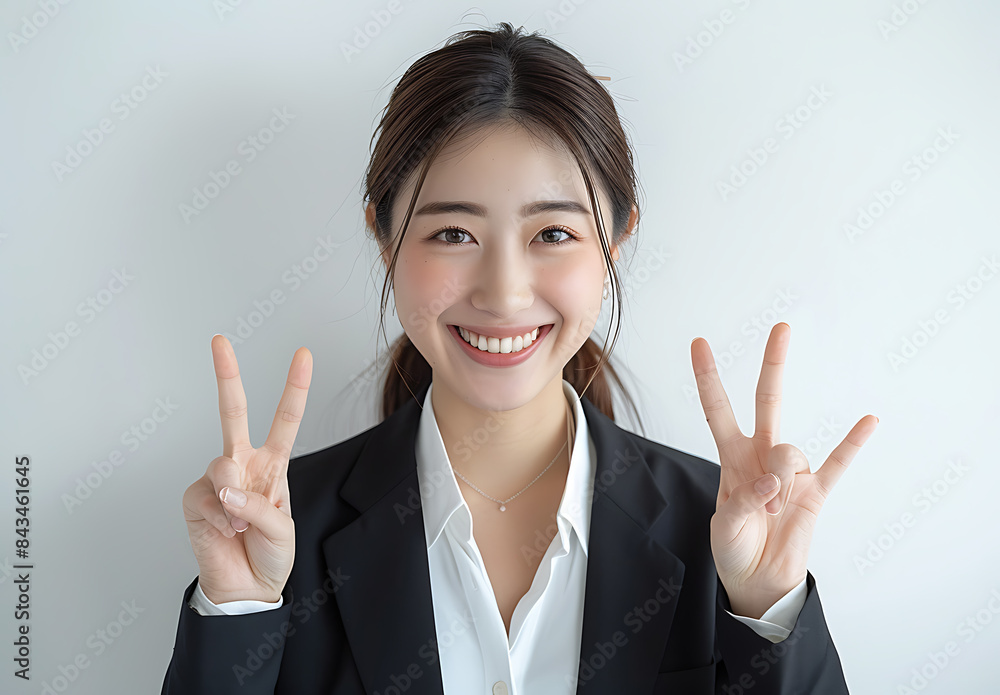 beautiful Japanese woman her thirty smiling showing two peace sign both hand while wearing business casual against white background photo taken front of person She long hair tied back into elegant beautiful Japanese woman her thirty smiling showing two peace sign both hand while wearing business casual against white background photo taken front of person She long hair tied back into elegant