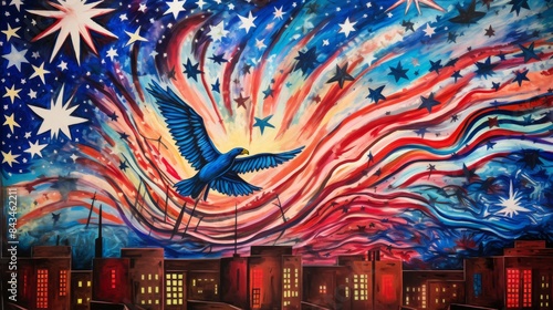 Vivid urban cityscape with a blue bird and colorful, dynamic night sky full of stars and abstract patterns.