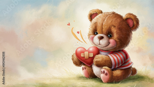 A funny and touching bear holding a small heart in his hands, sealed with a Band-Aid. A heart decorated with a tiny bandage symbolizes love and healing.