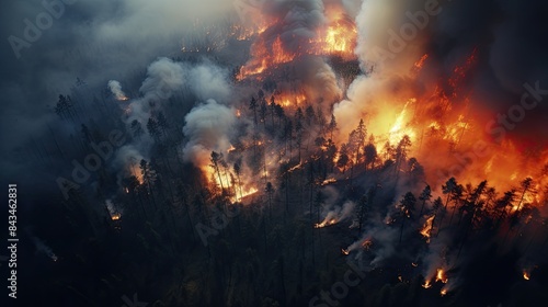 Aerial photography forest fire. Natural disaster.