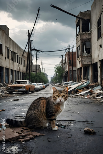 A cat in a street of a destroyed city